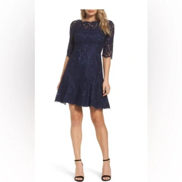 Eliza J Women's Quarter Length Sleeve Lace Fit and Flare Dress